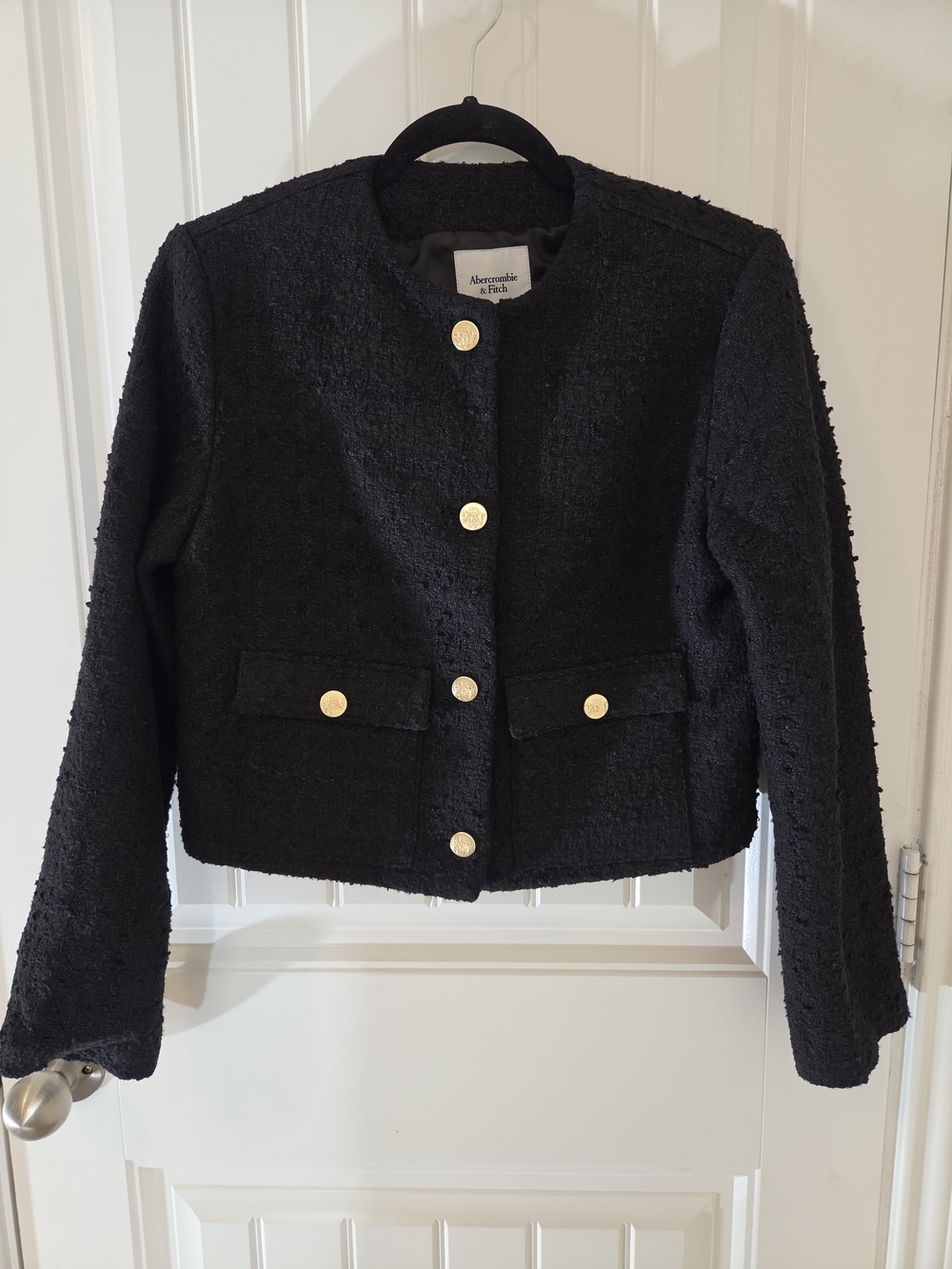 Abercrombie & Fitch Black Collarless Tweed Jacket Gold Buttons Size M - Picture 2 of 12